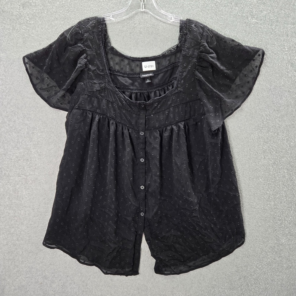 Torrid Women Top 1 Black Sheer Button Front Blouse Short Sleeve‎